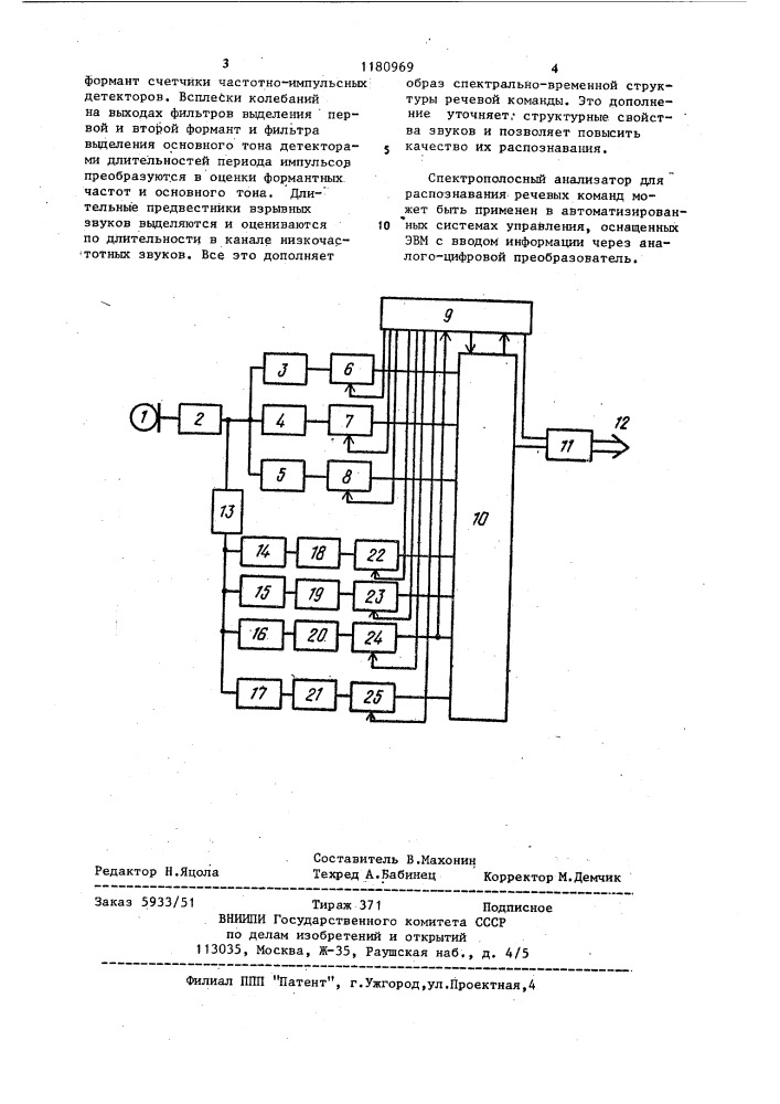 Спектрополосный анализатор для распознавания речевых команд (патент 1180969)