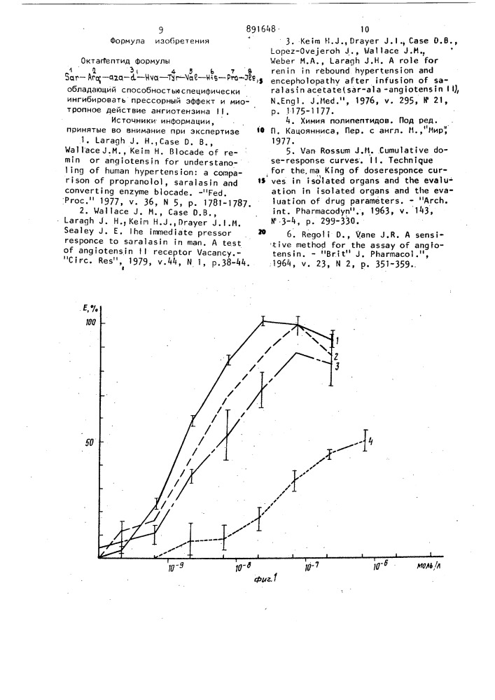 Октапептид,обладающий способностью специфически ингибировать прессорный эффект и миотропное действие ангиотензина 11 (патент 891648)