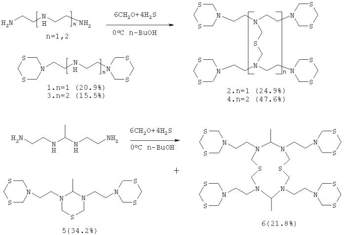 Способ совместного получения мономерных (n, n-бис{2-[1, 3, 5-дитиазинан-5-ил]этил}амина, n1,n2-бис{2-[1, 3, 5-дитиазинан-5-ил]этил}-1, 2-этандиамина, 5-{2-[5-{2-[1, 3, 5-дитиазинан-5-ил]этил}-4-метил-1, 3, 5-тиадизинан-3-ил]этил}-1, 3, 5-дитиазинана) и димерных бис-1, 3, 5-дитиазинанов(n-({[(бис{2-[1, 3, 5-дитиазинан-5-ил]этил}амино)метил]сульфанил}метил)-2-[1, 3, 5-дитиазинан-5-ил]-n-{2-[1, 3, 5-дитиазинан-5-ил]этил}-1-этанамина, 3, 6, 10, 13-тетракис-{2-[1, 3, 5-дитиазинан-5-ил]этил}-1, 8-дитиа-3, 6, 10, 13-тетраазациклотетрадекана, 3, 5, 9, 11-тетракис-{2-[1, 3, 5-дитиазинан-5-ил]этил}-4, 10-диметил-1,7-дитиа-3, 5, 9, 11-тетраазациклододекана) (патент 2356899)