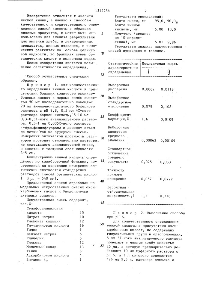 Способ определения винной кислоты в образцах технических продуктов (патент 1314254)