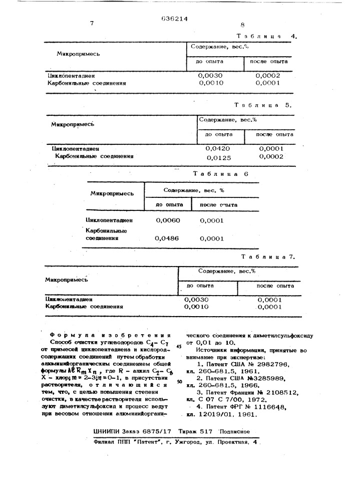 Способ очистки углеводородов с 4 с 7 от примесей циклопентадиена и кислородсодержащих соединений (патент 636214)