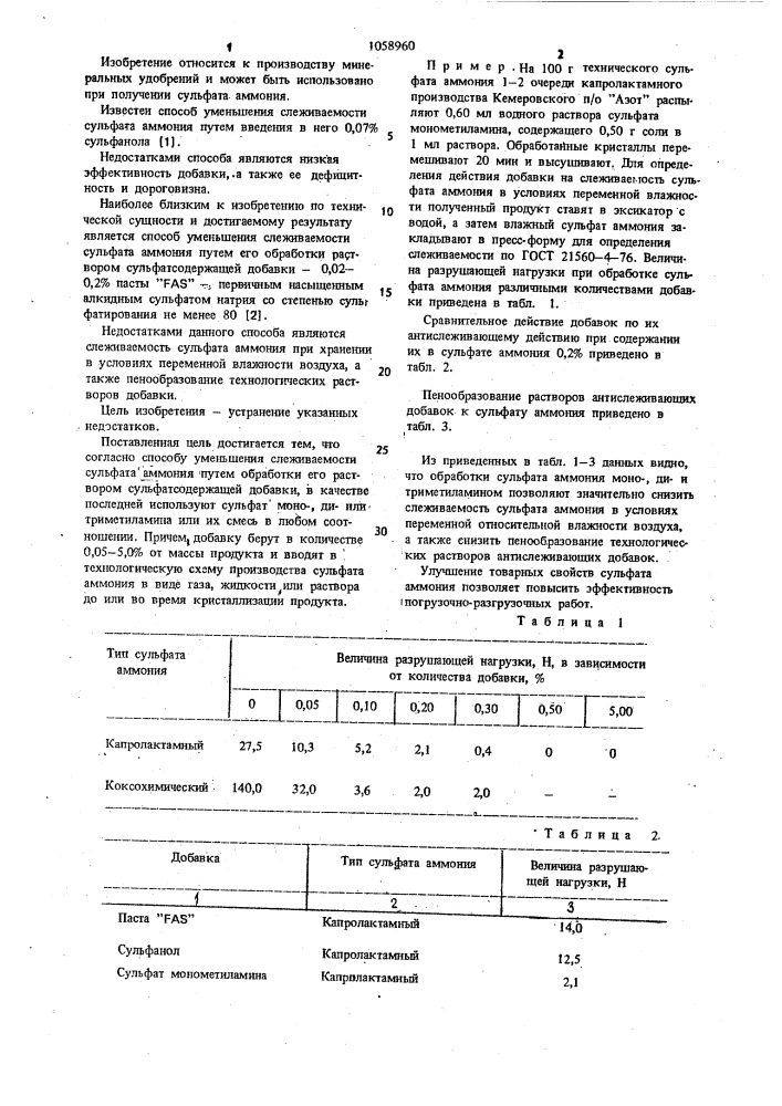 Способ уменьшения слеживаемости сульфата аммония (патент 1058960)