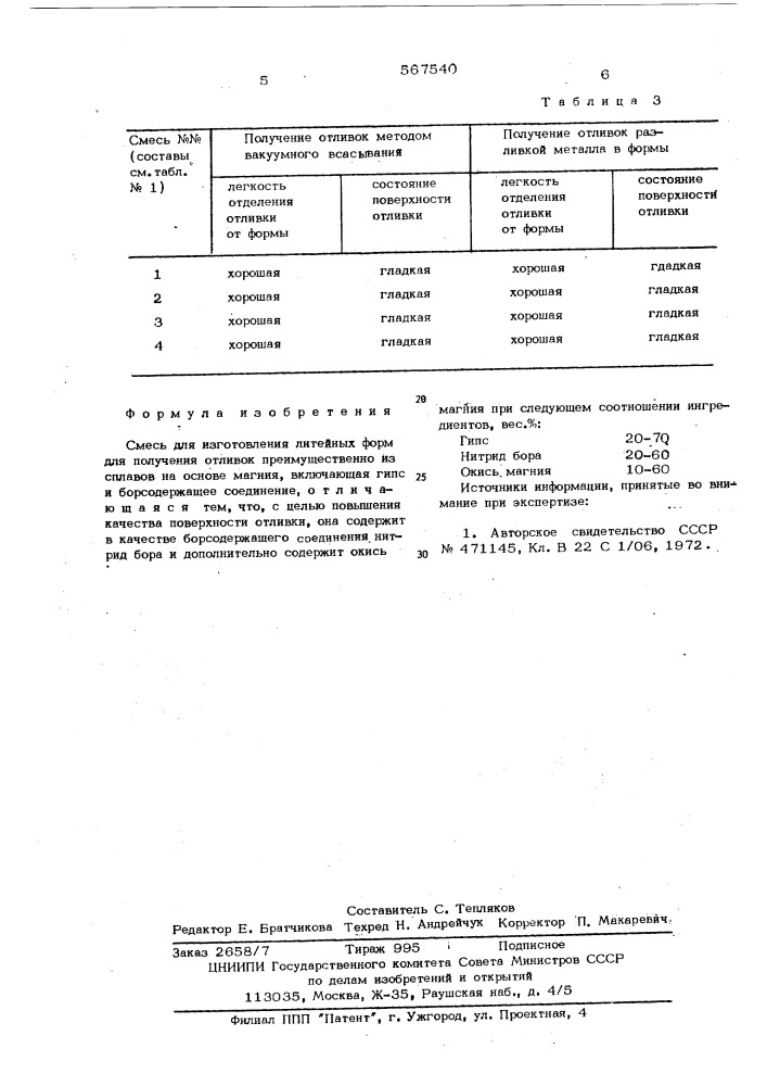 Смесь для изготовления литейных форм (патент 567540)