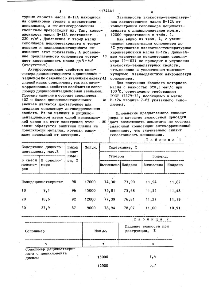 Сополимер децилметакрилата с дициклопентадиеном в качестве вязкостной и антикоррозионной присадки к смазочным маслам (патент 1174441)