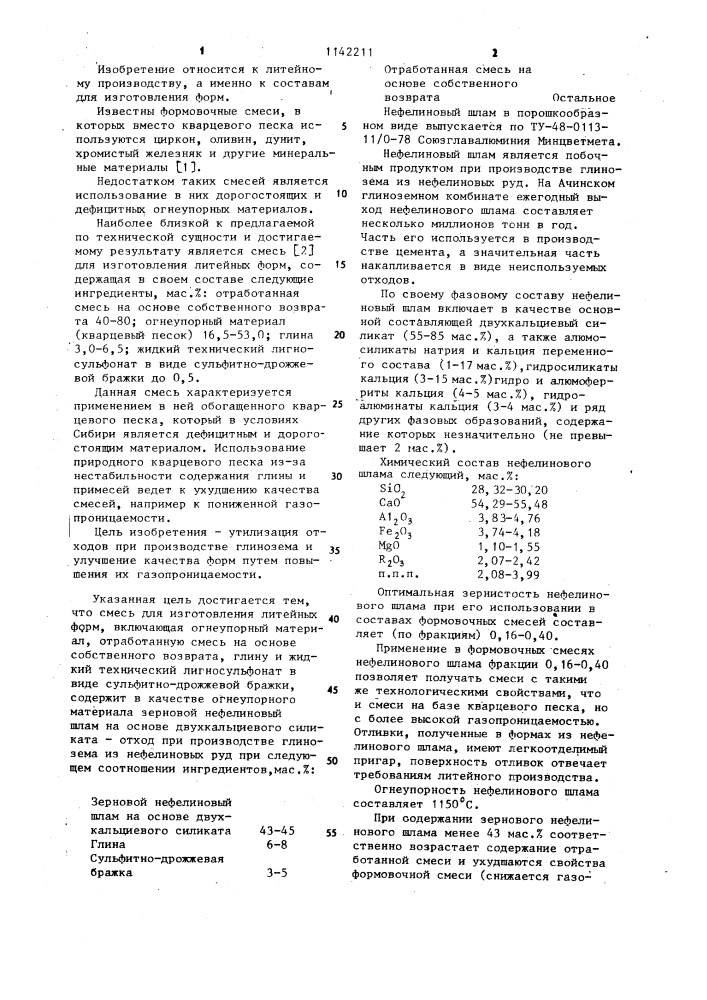 Смесь для изготовления литейных форм (патент 1142211)