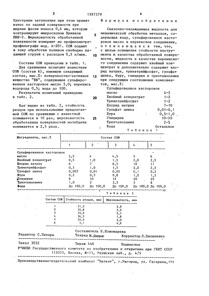 Смазочно-охлаждающая жидкость для механической обработки металлов "прогресс-ii (патент 1597379)