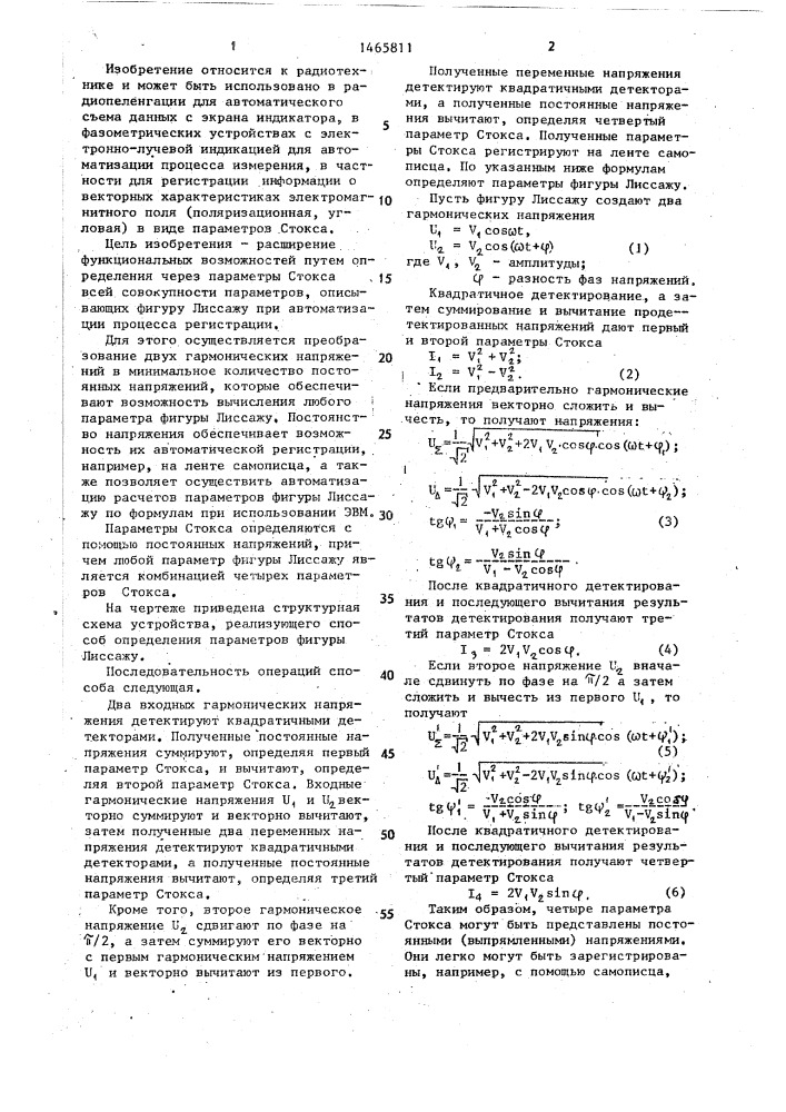 Способ определения параметров фигуры лиссажу и устройство для его осуществления (патент 1465811)