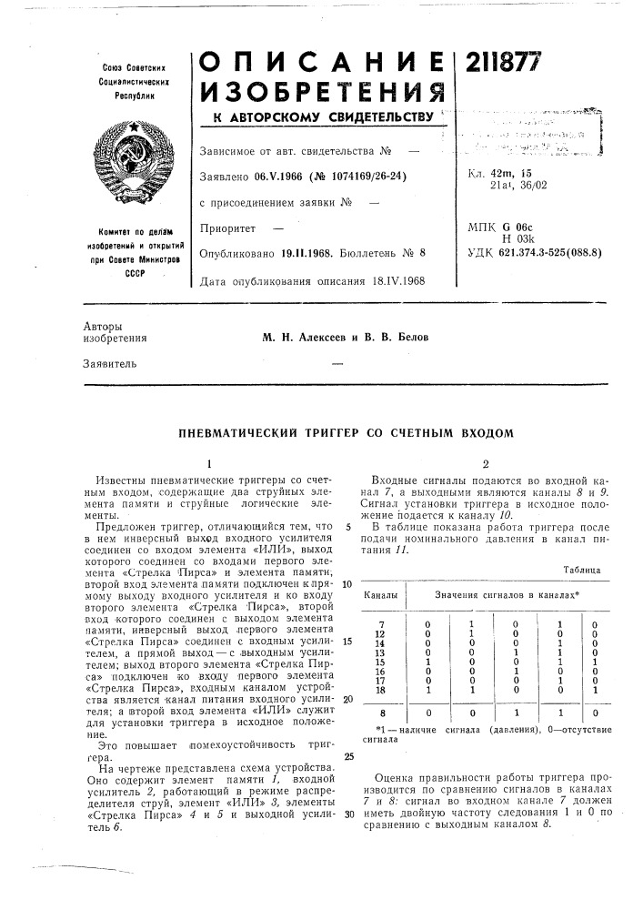 Пневматический триггер со счетным входом (патент 211877)