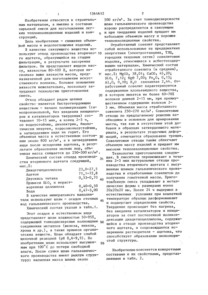 Сырьевая смесь для изготовления теплоизоляционного материала (патент 1364612)
