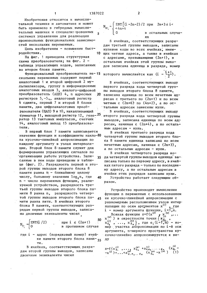 Функциональный преобразователь нескольких переменных (патент 1387022)