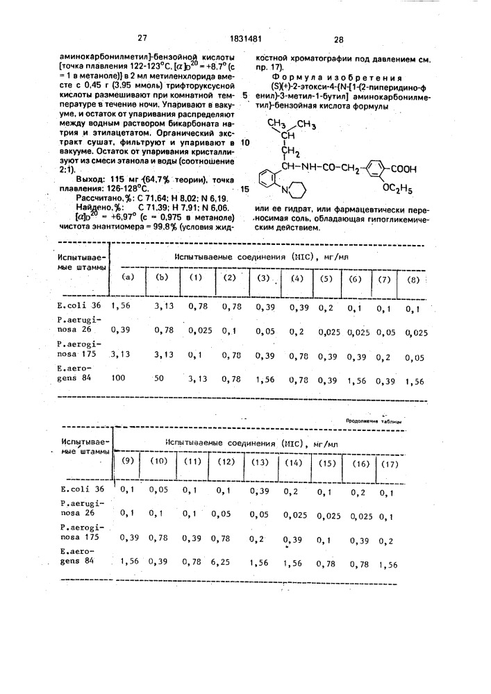 (s)(+)-2-этокси-4- @ n-[1-(2-пиперидино-фенил)-3-метил-1- бутил]-аминокарбонилметил @ -бензойная кислота или ее гидрат, или фармацевтически переносимая соль, обладающие гипогликемическим действием (патент 1831481)