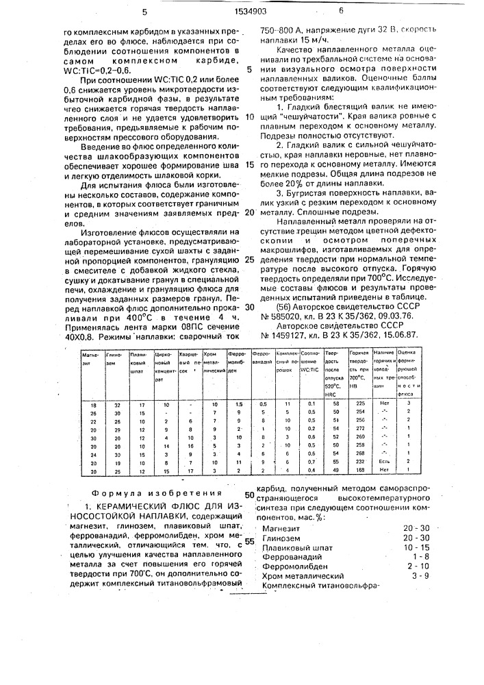 Керамический флюс для износостойкой наплавки (патент 1534903)