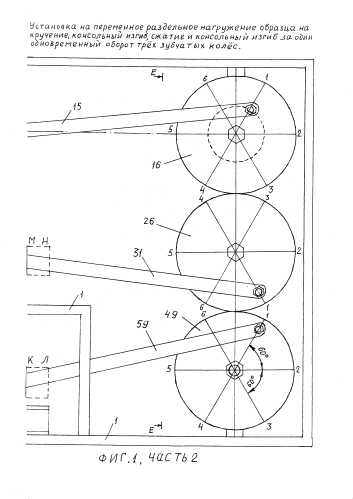 Установка на переменное раздельное нагружение образца на кручение, консольный изгиб, сжатие и консольный изгиб за один одновременный оборот трёх зубчатых колёс (патент 2586256)