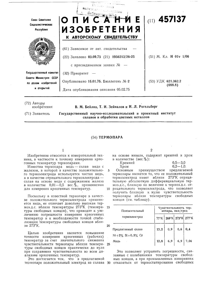 Термопара (патент 457137)