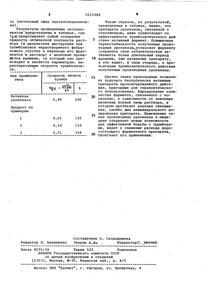 Стабилизированная урокиназа,обладающая тромболитической активностью,и способ ее получения (патент 1022988)