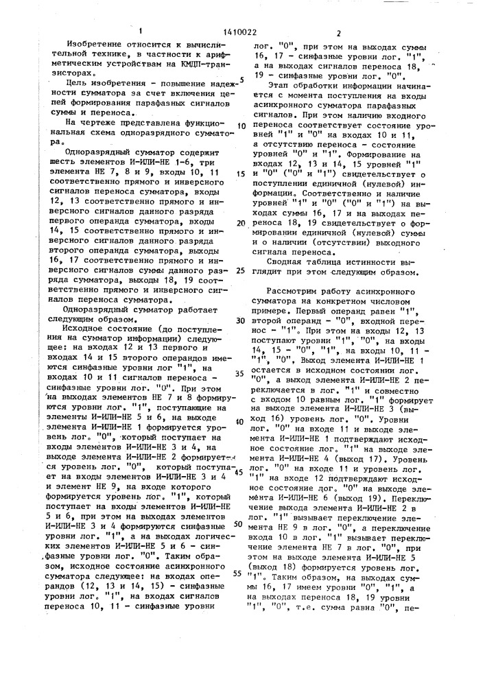 Одноразрядный сумматор (патент 1410022)