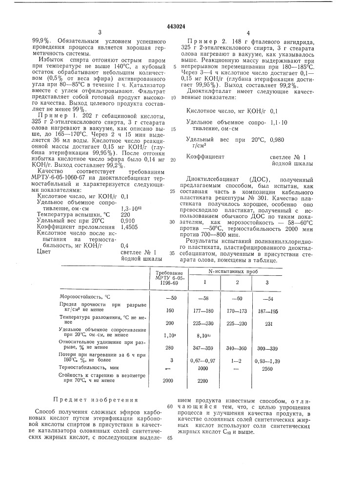 Способ получения сложных эфиров карбоновых кислот (патент 443024)