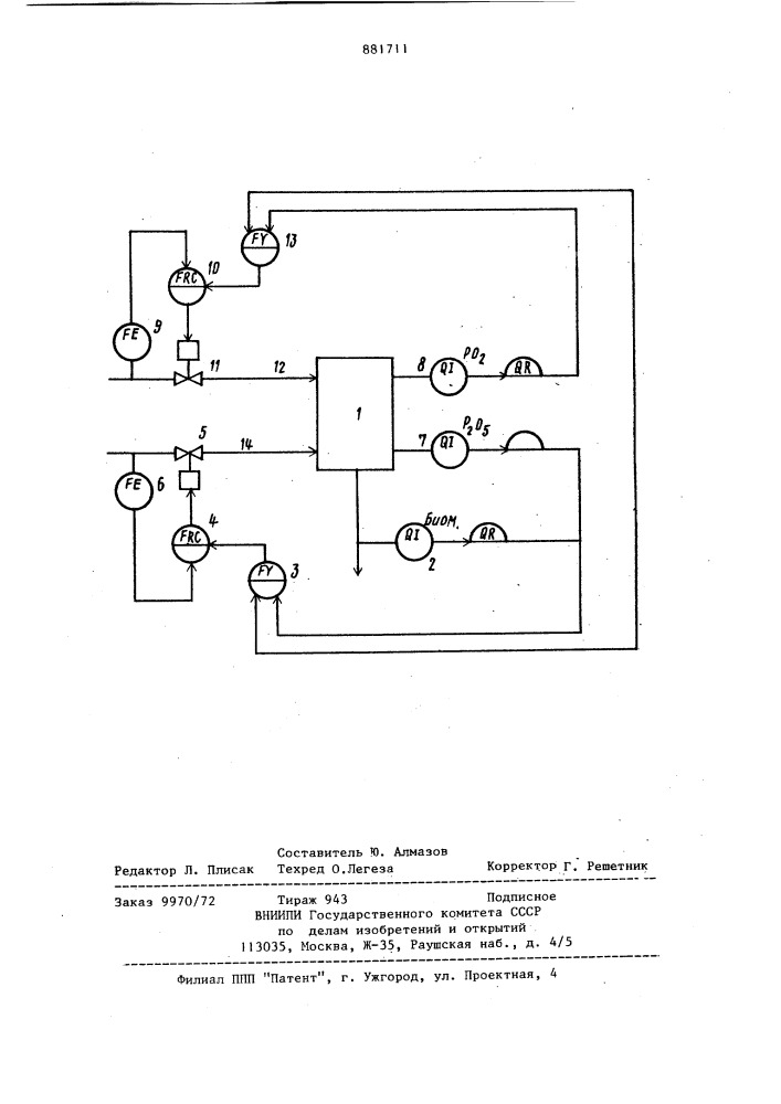Система автоматического управления процессом культивирования микроорганизмов (патент 881711)