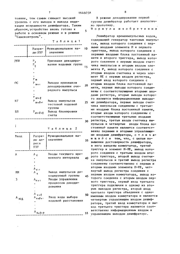 Дешифратор времяимпульсных кодов (патент 1646058)