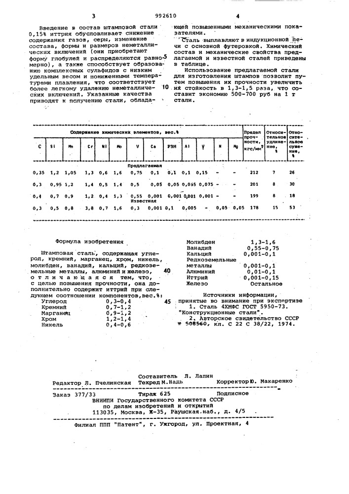 Штамповая сталь (патент 992610)