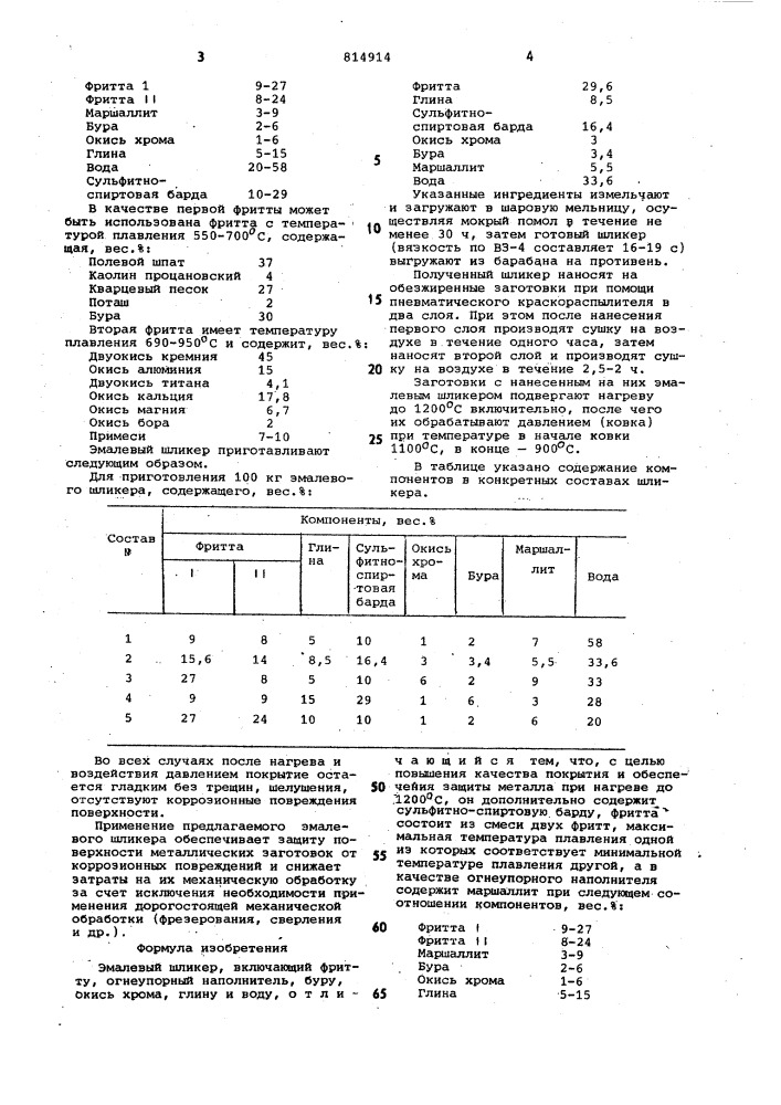 Эмалевый шликер (патент 814914)