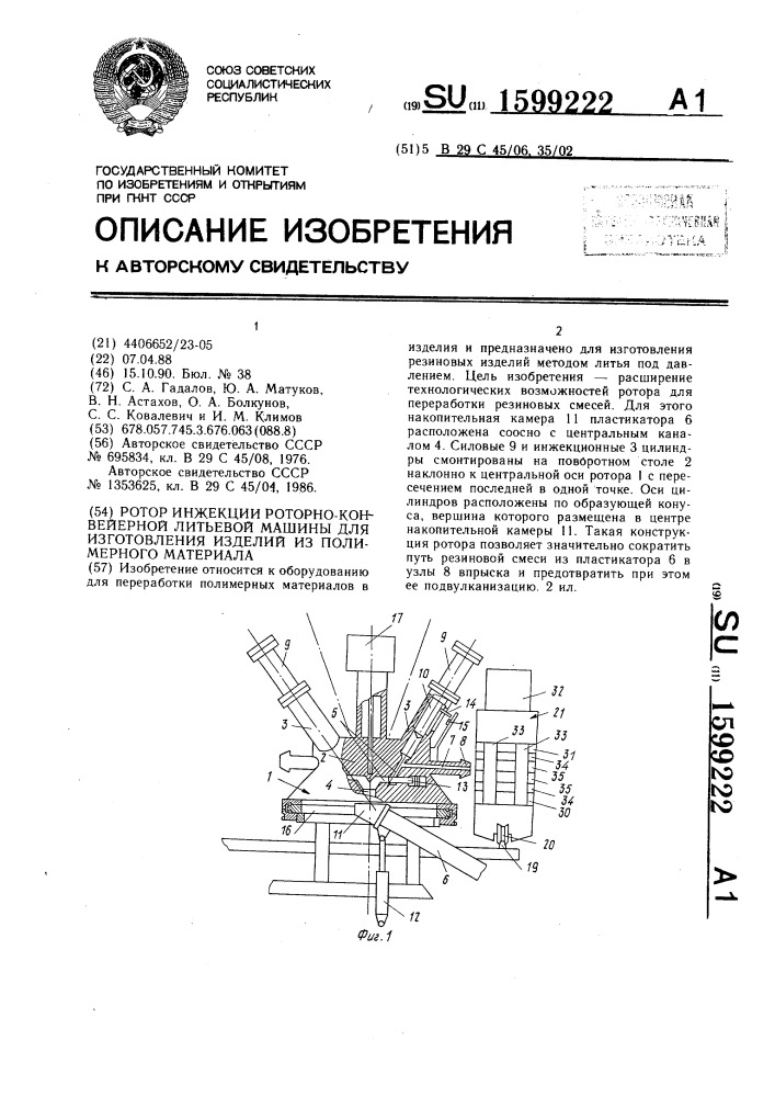 Ротор инжекции роторно-конвейерной литьевой машины для изготовления изделий из полимерного материала (патент 1599222)