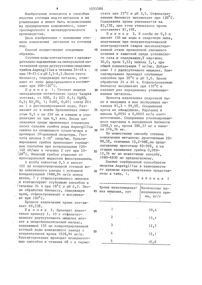 Способ биологической очистки сточных вод от металлов (патент 1255588)