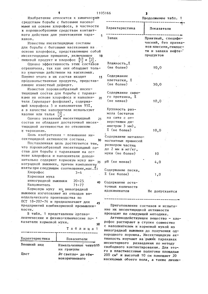 Порошкообразный инсектицидный состав для борьбы с тараканами (патент 1105166)