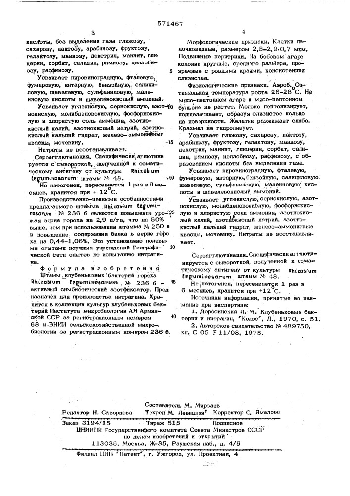 Штамм клубеньковых бактерий гороха 236бактивный симбиотический азотфиксатор (патент 571467)