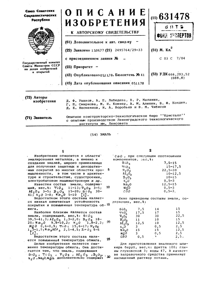 Эмаль (патент 631478)