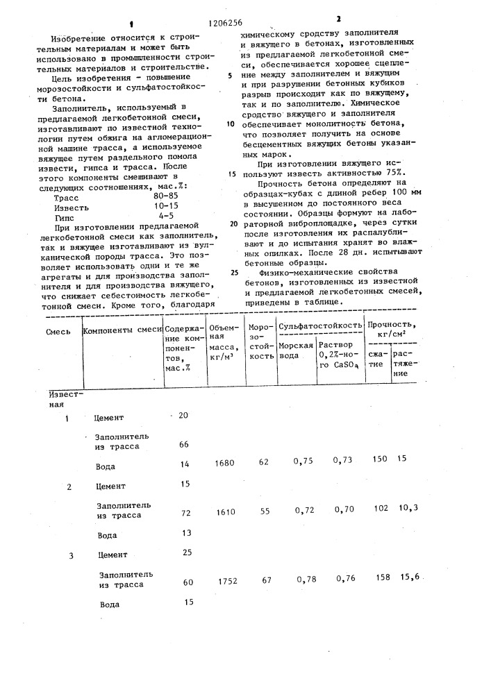 Сырьевая смесь для изготовления легкого бетона (патент 1206256)