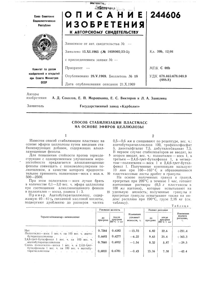 Способ стабилизации пластмасс на основе эфиров целлюлозы (патент 244606)