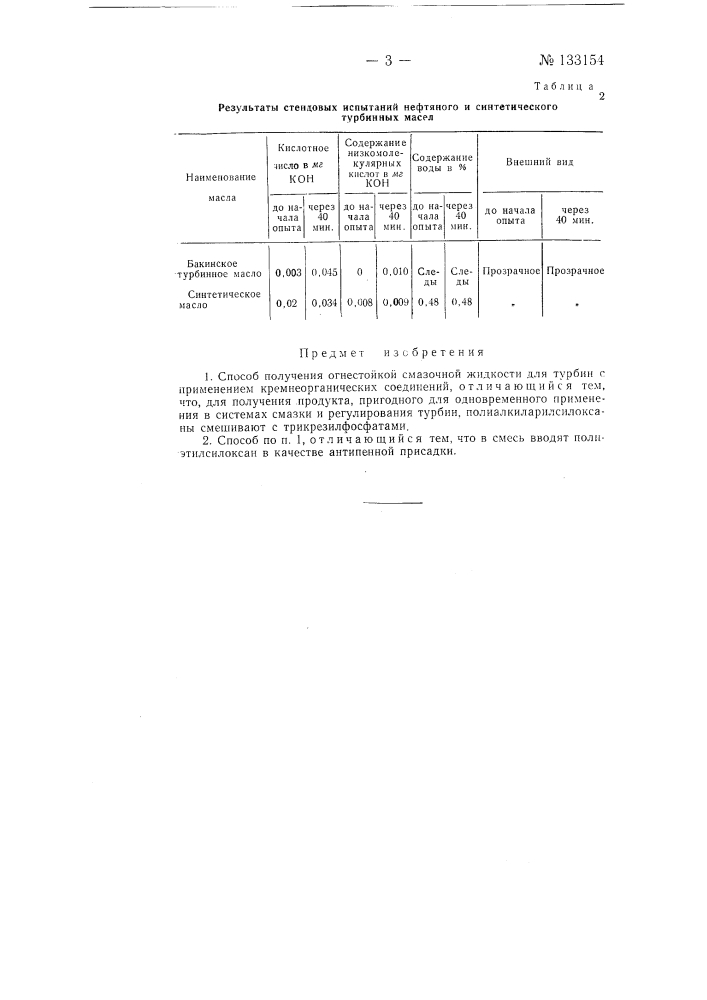 Способ получения огнестойкой смазочной жидкости для турбин (патент 133154)