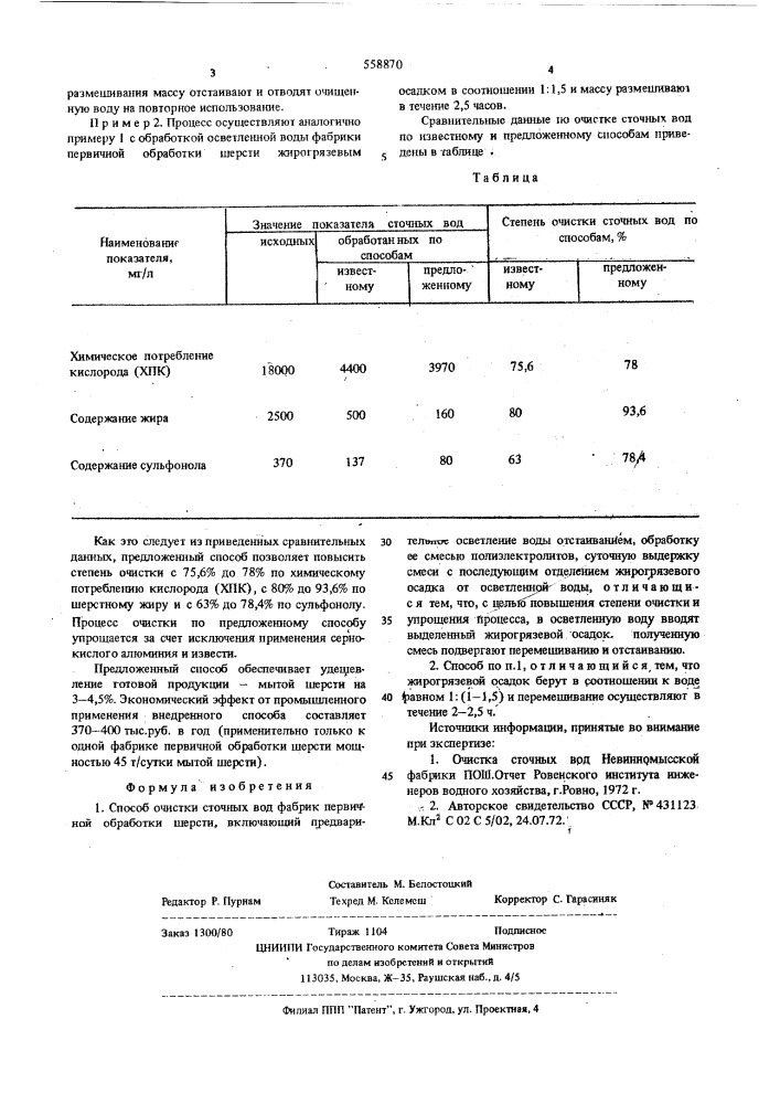 Способ очистки сточных вод фабрик первичной обработки шерсти (патент 558870)