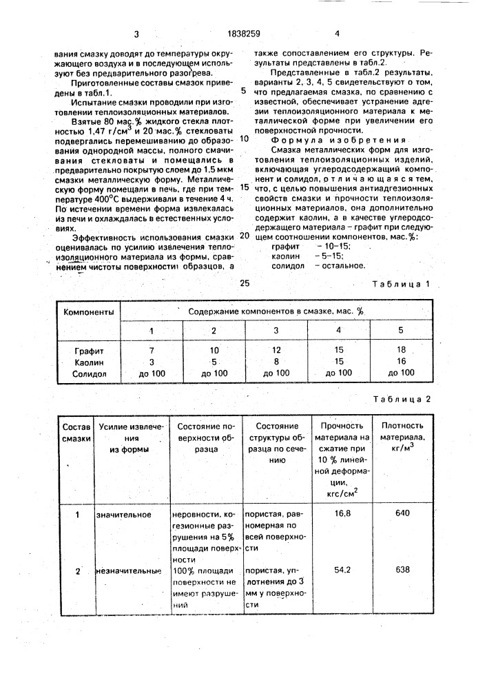 Смазка металлических форм для изготовления теплоизоляционных изделий (патент 1838259)