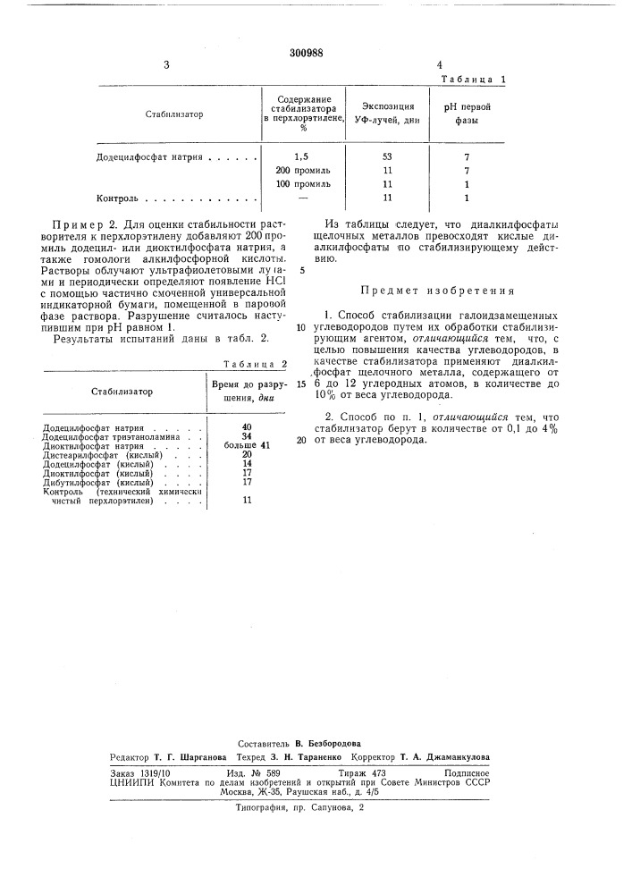 Способ стабилизации галоидзамещенных углеводородов (патент 300988)