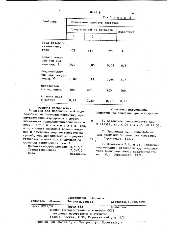 Эмульсия для поверхностной гидрофобизации бетонных покрытий (патент 872518)