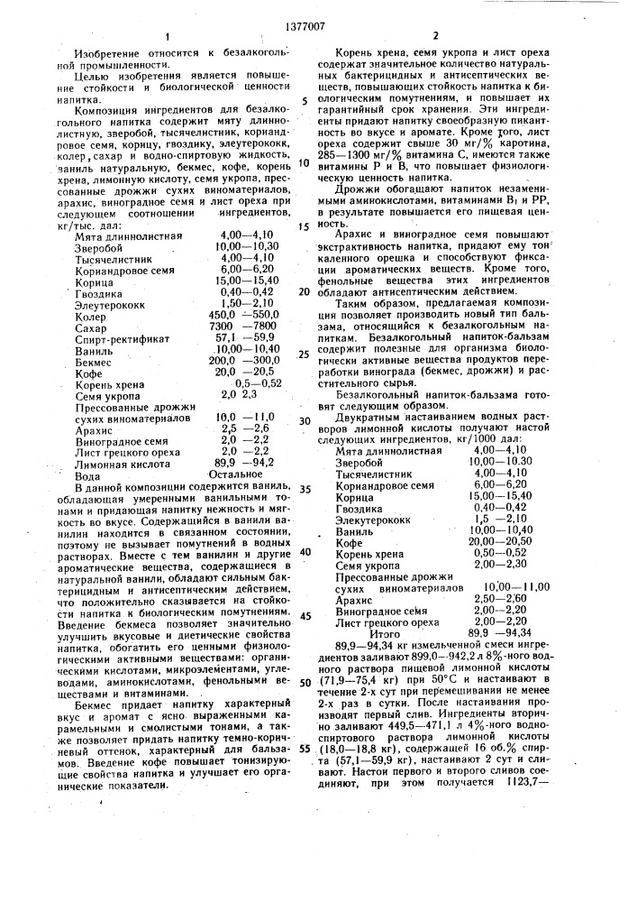 Композиция ингредиентов для безалкогольного напитка- бальзама "здоровье (патент 1377007)