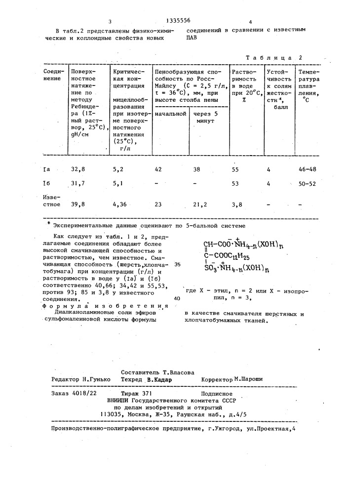 Диалканоламиновые соли эфиров сульфомалеиновой кислоты в качестве смачивателя шерстяных и хлопчатобумажных тканей (патент 1335556)