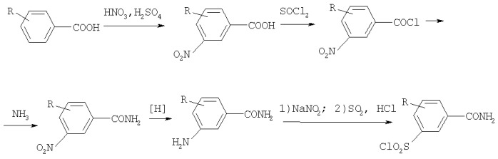 Способ получения 3-хлорсульфонилбензамидов из бензойных кислот (патент 2343144)