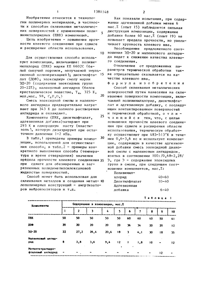 Способ склеивания металлических поверхностей (патент 1381148)