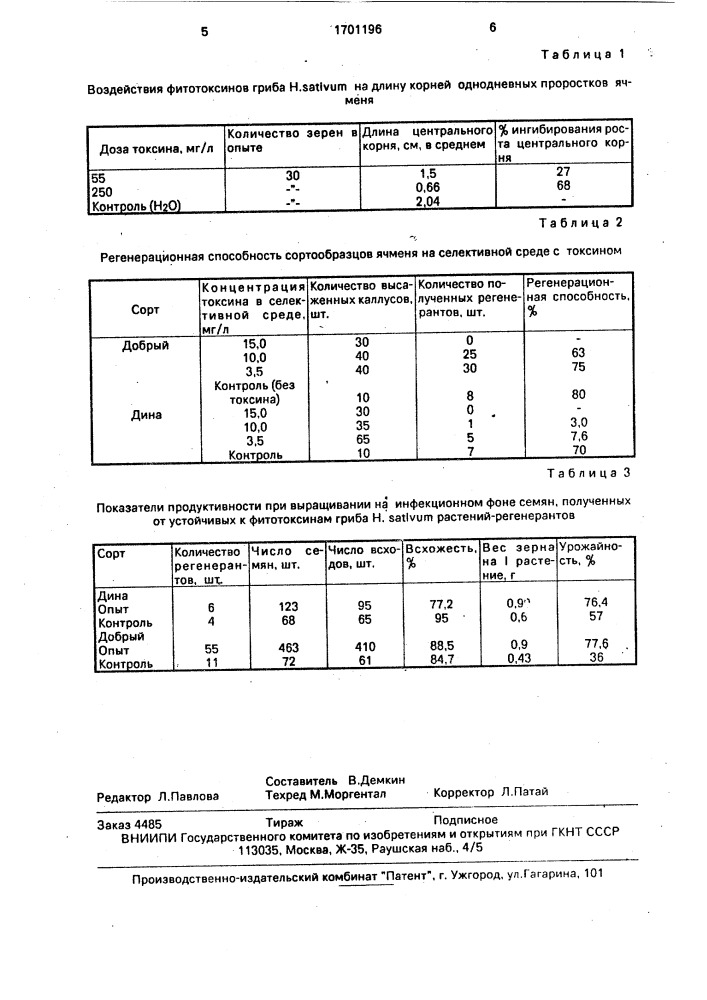 Способ получения растений-регенерантов ячменя, устойчивых к гельминтоспориозу (патент 1701196)