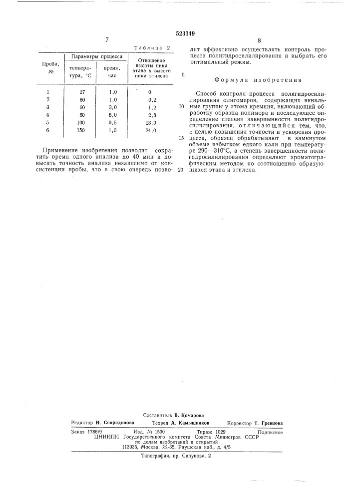 Способ контроля процесса полигидросилилрования олигомеров (патент 523349)