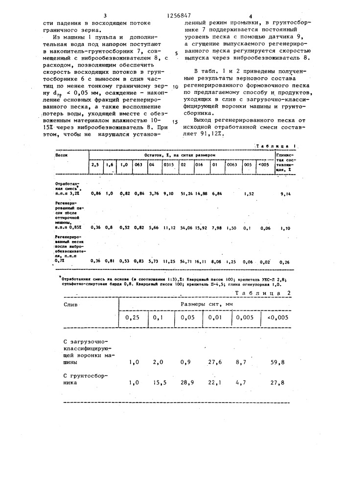 Способ гидрорегенерации песков из отработанных смесей литейных цехов (патент 1256847)