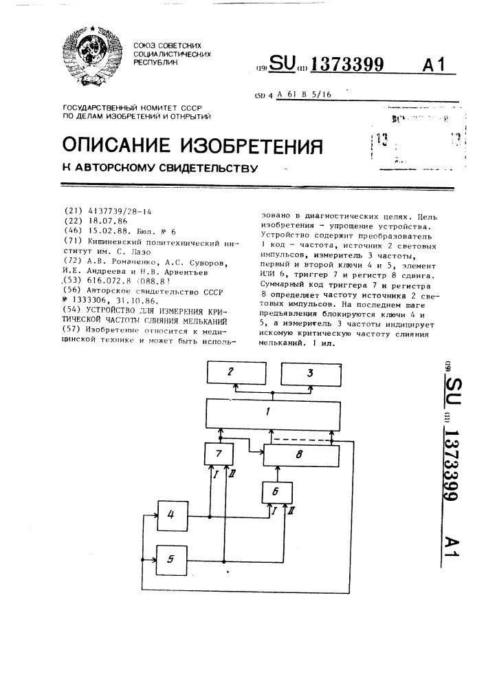 Устройство для измерения критической частоты слияния мельканий (патент 1373399)