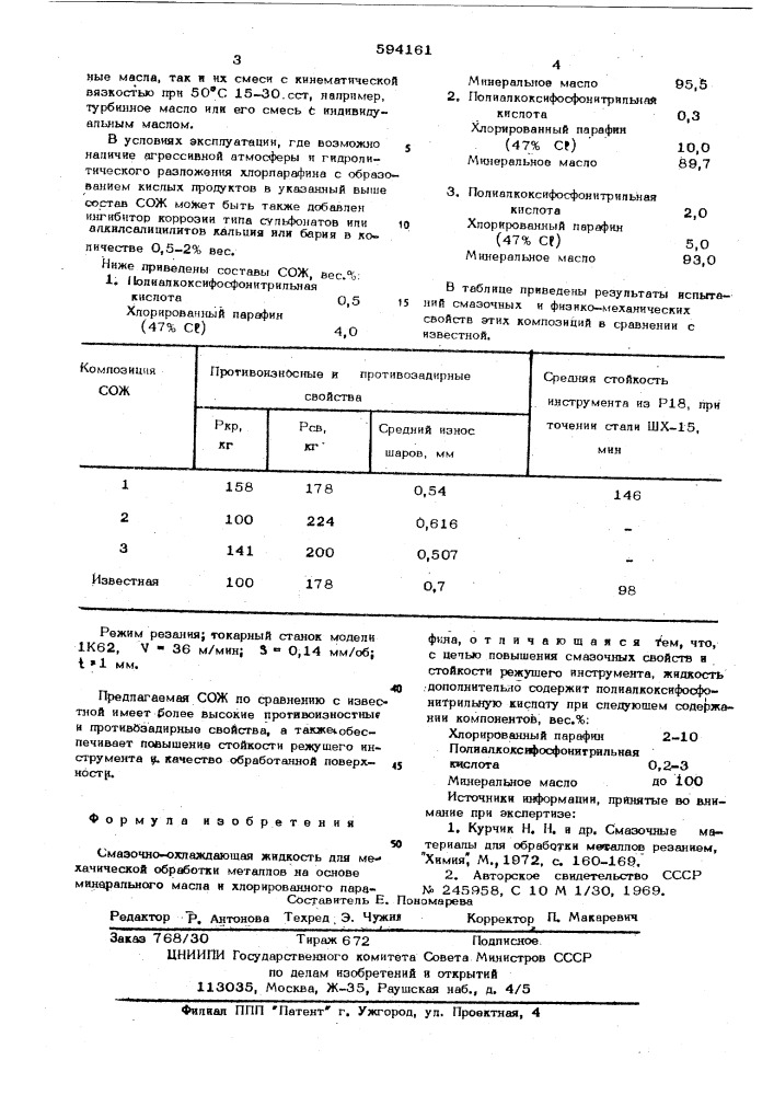 Смазочно-охлаждающая жидкость для механической обработки металлов (патент 594161)