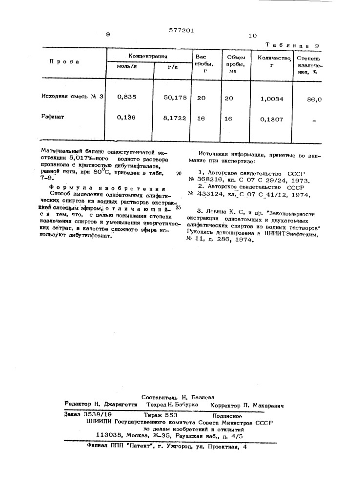 Способ выделения одноатомных алифатических спиртов (патент 577201)