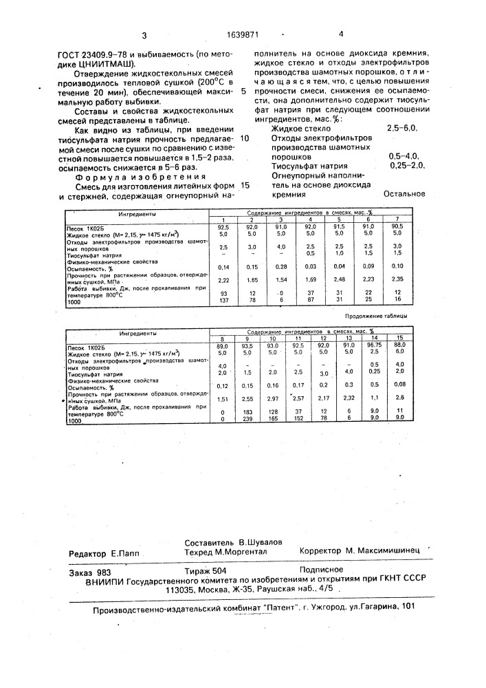 Смесь для изготовления литейных форм и стержней (патент 1639871)