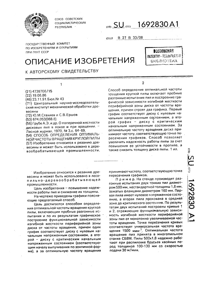 Способ определения оптимальной частоты вращения круглой пилы (патент 1692830)