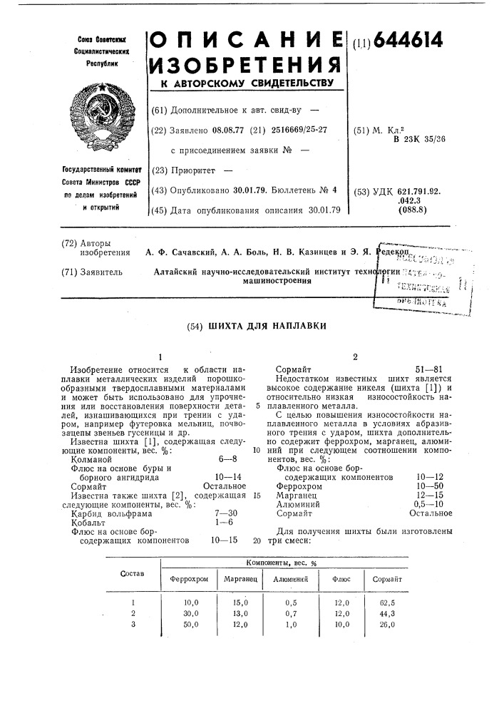 Шихта для наплавки (патент 644614)